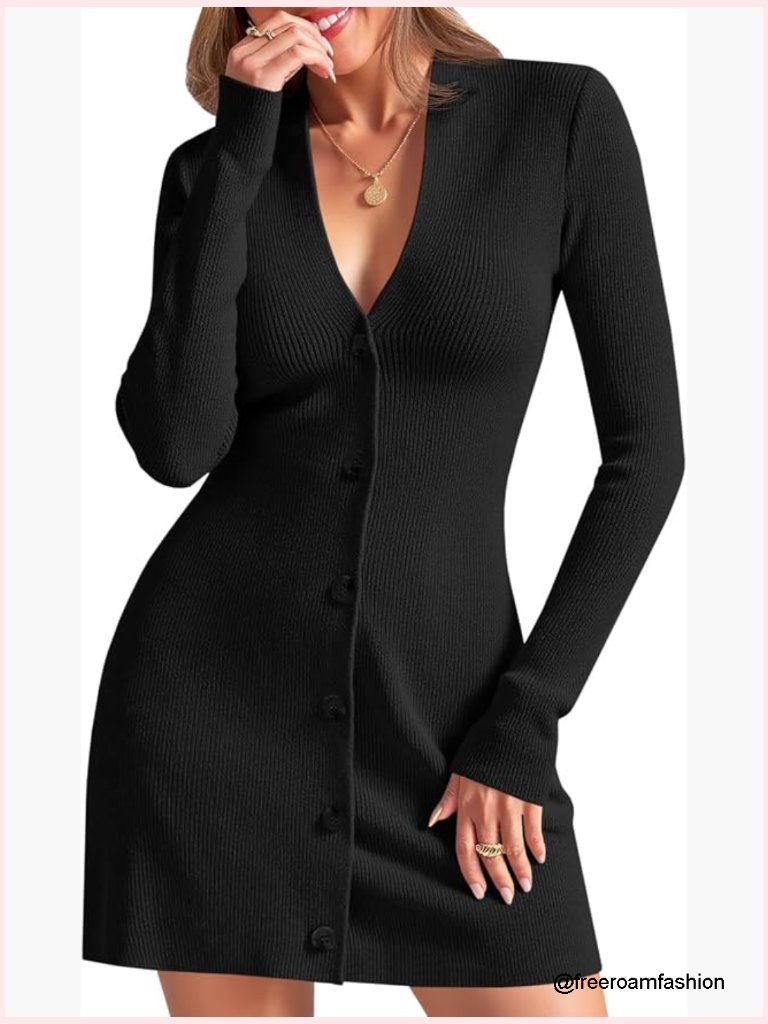 Deep V Neck Knit Sweater Dress Long Sleeve A-Line Mini